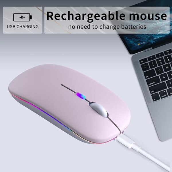 Wireless Bluetooth Mouse – Rechargeable, Silent, Dual Mode (Bluetooth 5.2 & USB) with LED Lights – Portable for Laptop, Desktop, & Tablet (Pink)