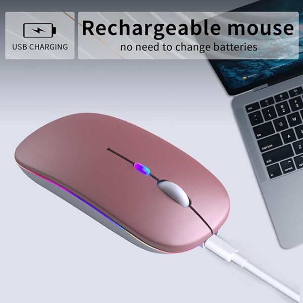 Wireless Bluetooth Mouse – Rechargeable, Silent, Dual Mode (Bluetooth 5.2 & USB) with LED Lights – Portable for Laptop, Desktop, & Tablet (Rose Gold)