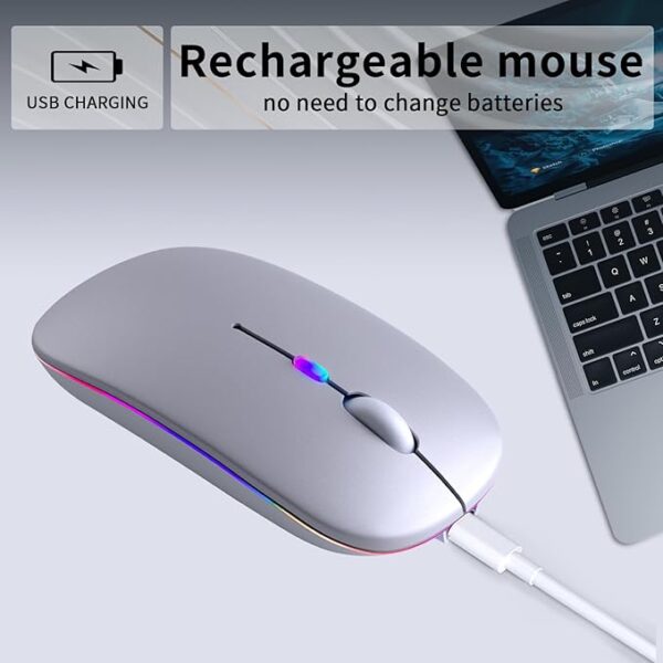 Wireless Bluetooth Mouse – Rechargeable, Silent, Dual Mode (Bluetooth 5.2 & USB) with LED Lights – Portable for Laptop, Desktop, & Tablet (Silver)